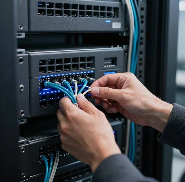 Sleek technical photography of a systems engineer in a cool-toned server room in Utah, analyzing clean blue-lit cable management, macro focus, 35mm