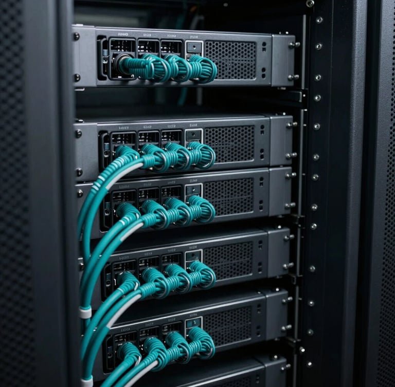 Sleek technical photography of server racks with clean cable management, cool low-key lighting, deep carbon gray and sharp teal accents, crisp macro focus, 35mm