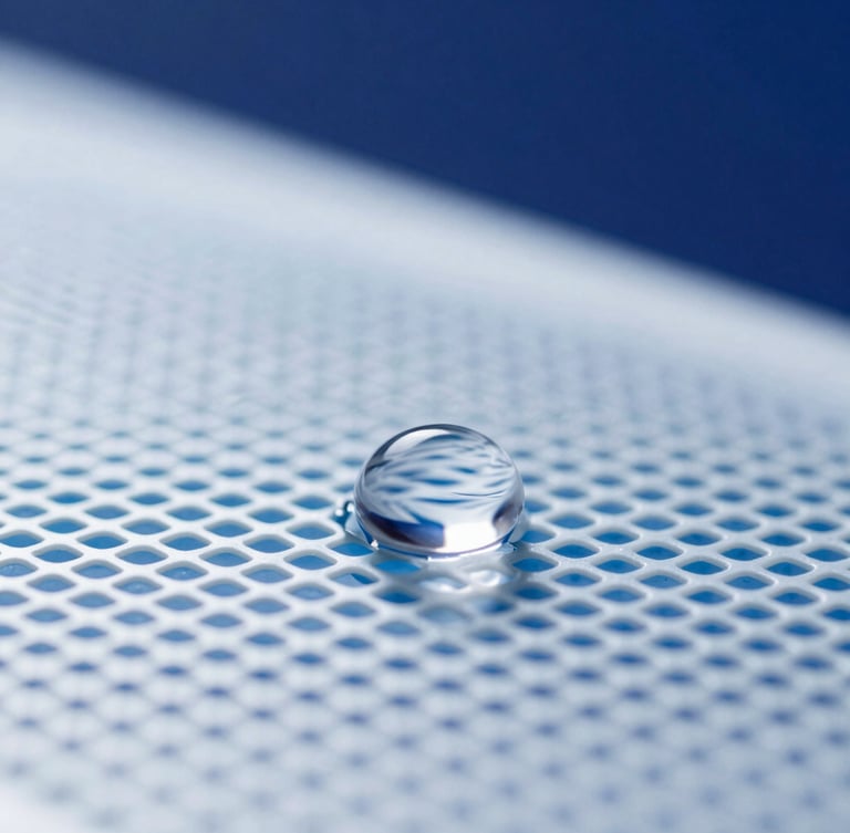 Stark macro close-up of a single water droplet suspended in mid-air above a micro-mesh, clinical blue highlights, ultra-sharp detail, high-key studio lighting