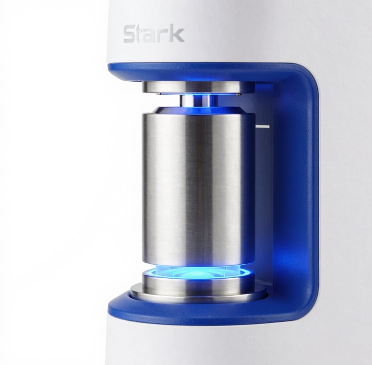 Stark high-key studio shot of a premium water ionizer's internal titanium core, glowing blue accents, clinical white background
