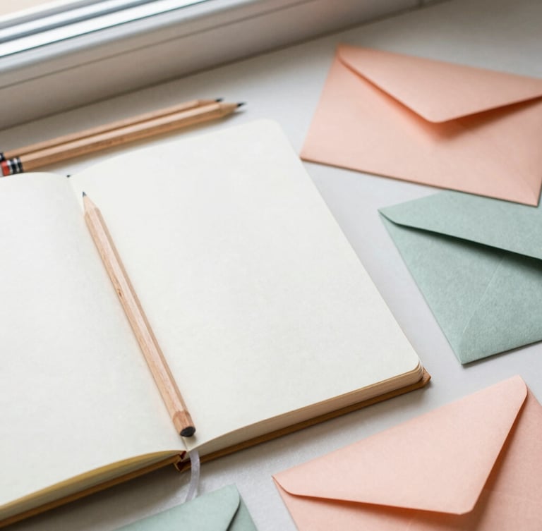 Overhead flatlay of a beautifully arranged desk, open linen notebook, raw cedar pencils, textured envelopes in pastel peach and sage tones, soft morning window light, warm editorial photography, 35mm