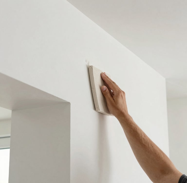 Detailed architectural close-up of a craftsman smoothing plaster on a wall, bright natural light, clean lines, professional tools