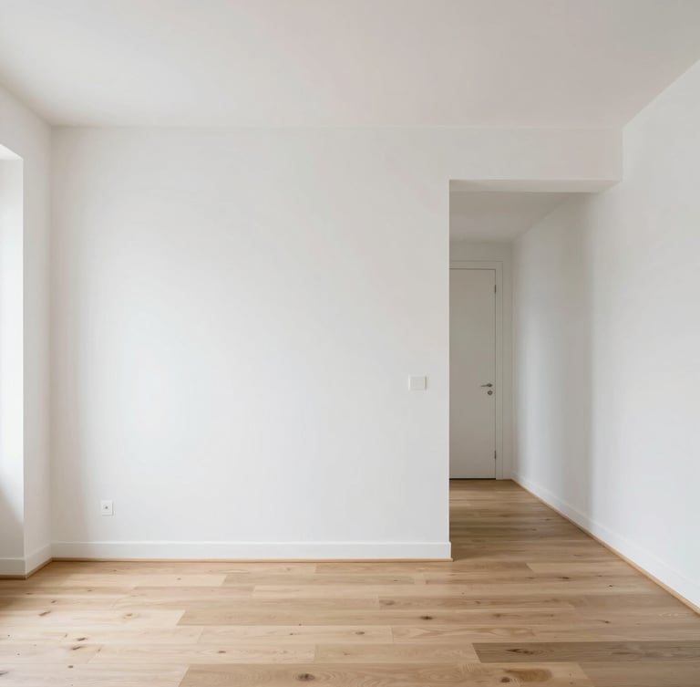 Bright architectural photography of a modern renovated Parisian living room, natural daylight, clean white plaster walls, minimalist oak floor, 35mm lens
