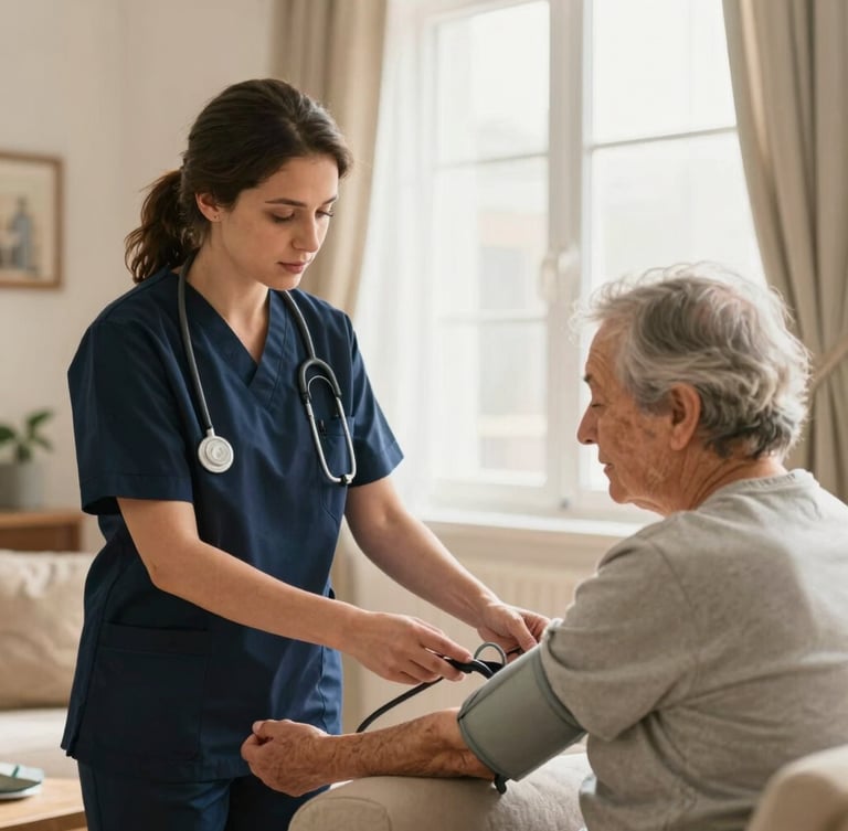 A professional female nurse in a clean navy uniform gently checking the blood pressure of an elderly patient in a warm, sunlit Cairo living room, medium shot, soft natural window light, clinical trust