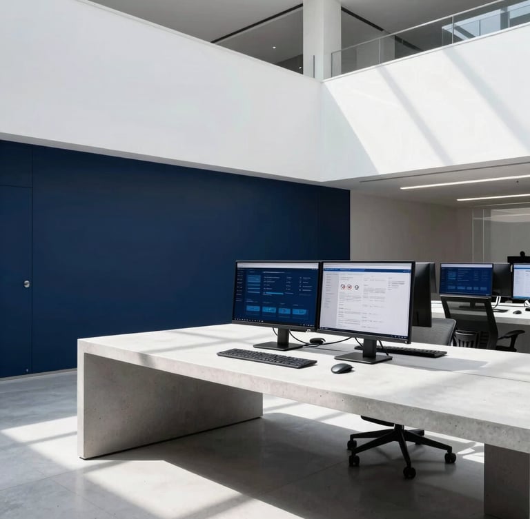 Wide-angle crisp environmental shot of a modern architectural workspace with sharp high-key natural light and deep navy shadows, clean concrete desk visible with active data dashboards on a monitor, 35mm lens.
