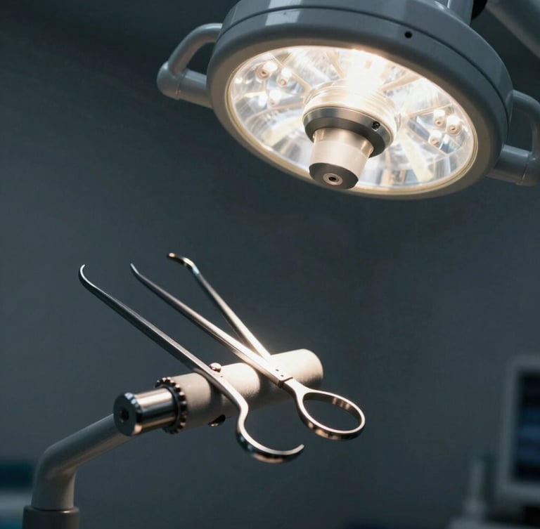Macro shot of sterile, state-of-the-art dental instruments under focused task lighting, clinical precision, dark slate background.