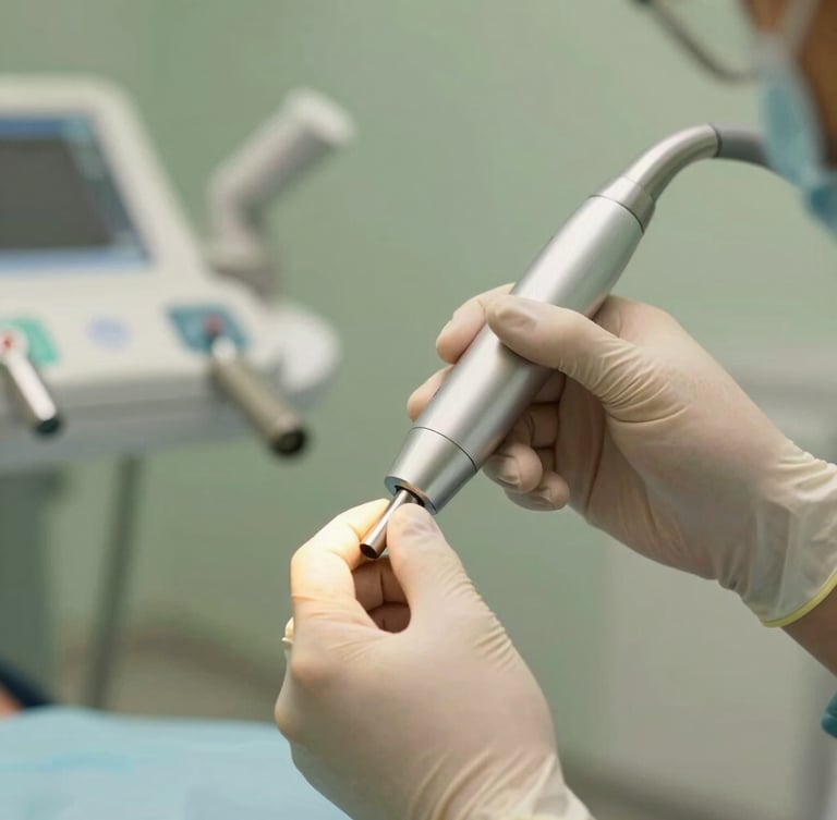 Close-up of a dentist in sterile gloves adjusting a high-tech dental laser in a pristine, modern operatory, soft green and warm gold ambient lighting
