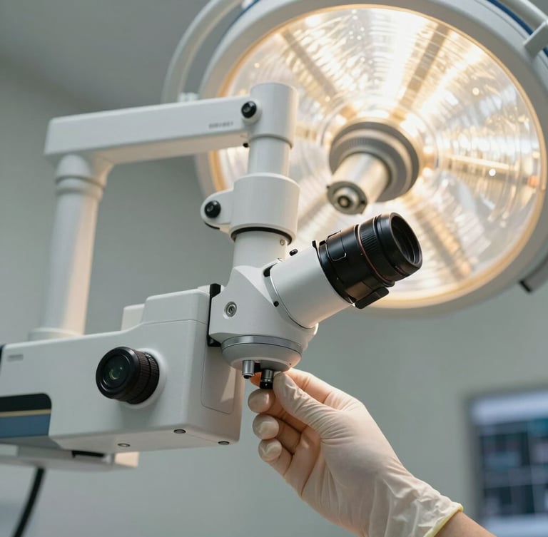 Macro shot of a dentist in sterile gloves adjusting a high-end operating microscope under focused task lighting, clinical white and warm gold details