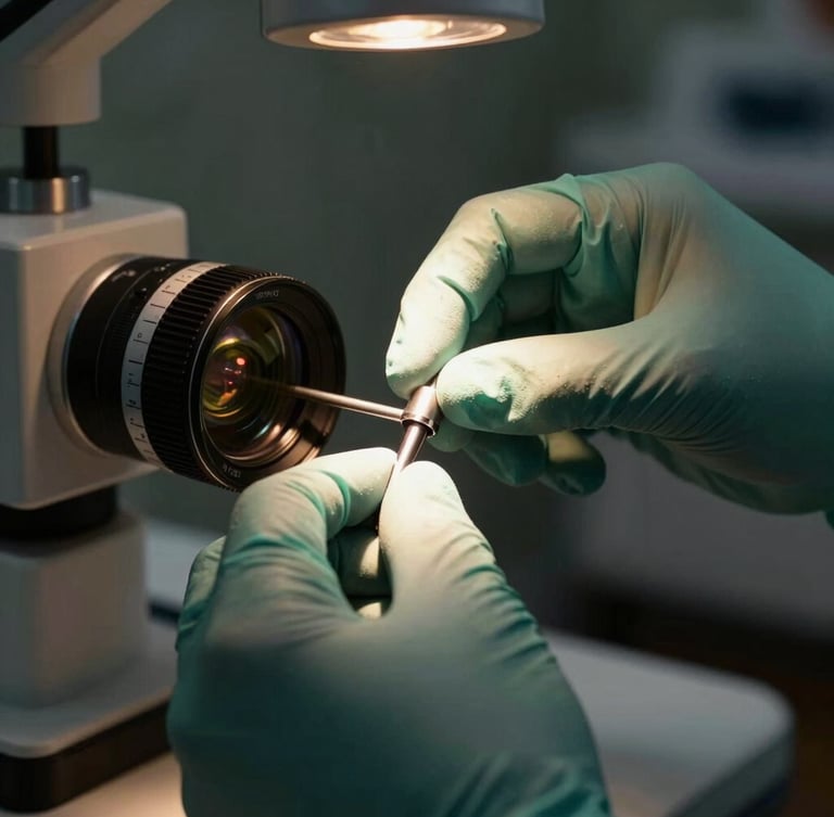 Macro close-up of a senior clinician's hands in sterile dark green gloves adjusting a calibrated medical instrument under focused, warm task lighting, dark background.