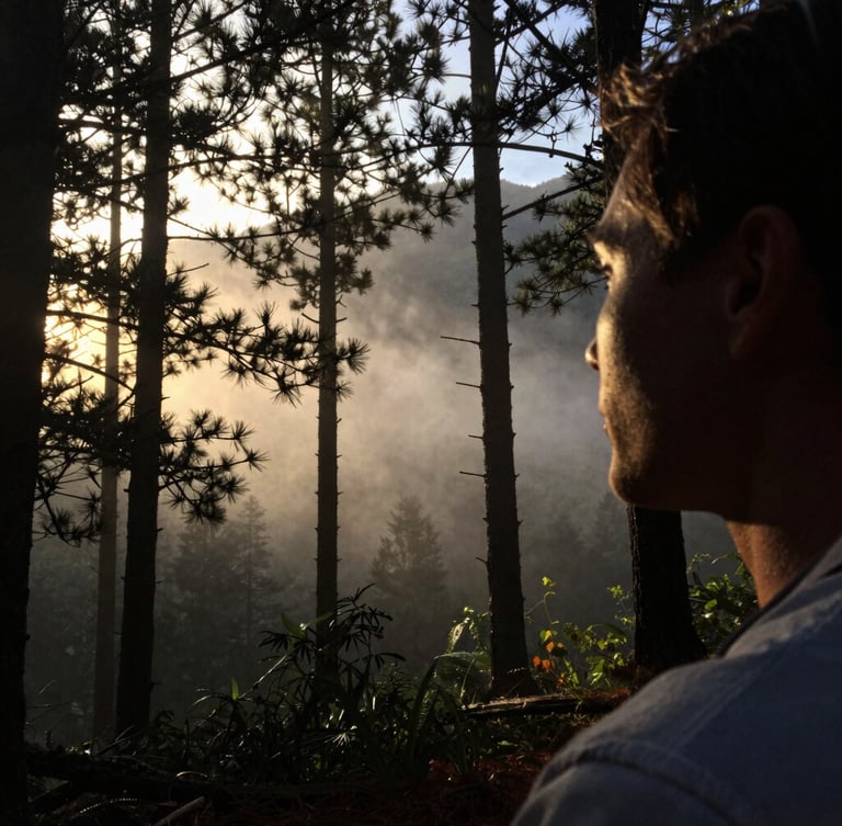 A warm, high-contrast side-profile portrait of a therapist looking out toward a misty pine forest, face partially in soft shadow with dramatic golden sunlight breaking through, 35mm.
