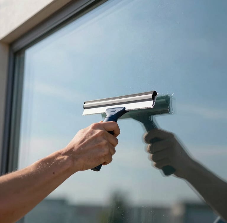 Close-up of a professional technician's hands using a squeegee on pristine glass, bright morning light catching the clean edge, reflection of blue sky.