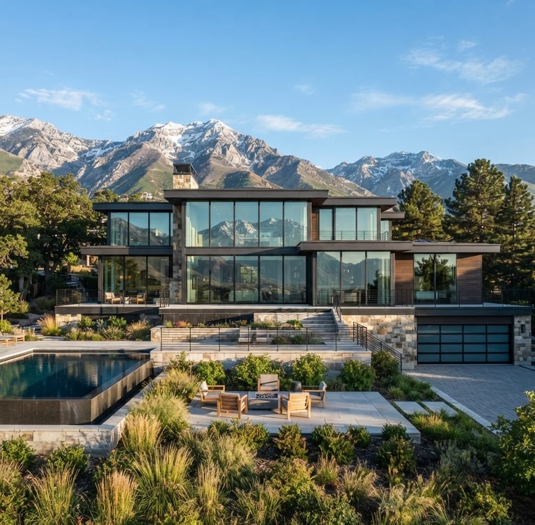 Crisp architectural photography of a modern Holladay home with floor-to-ceiling glass windows reflecting bright morning sunlight and the Wasatch Range.