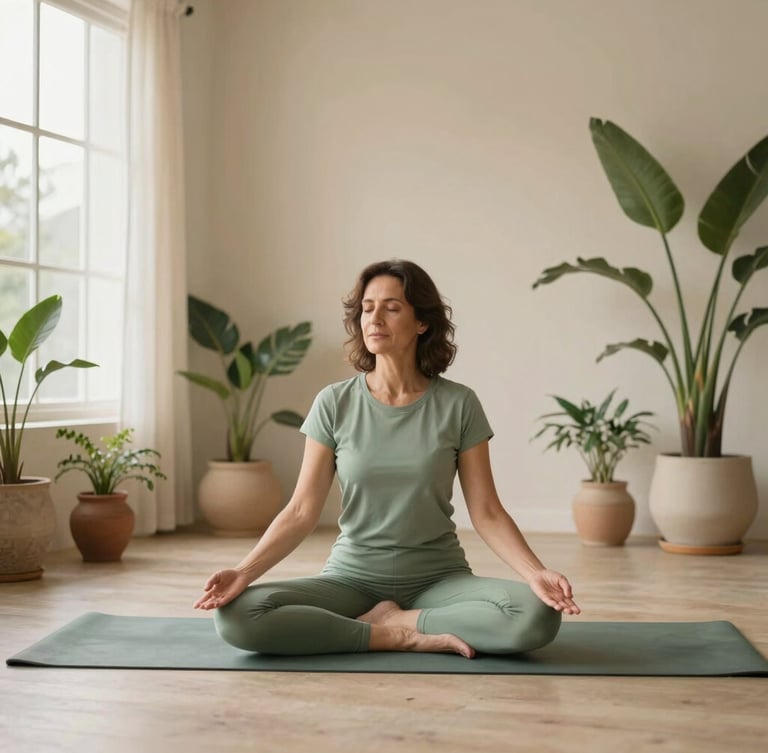 Flávia, uma mulher de 40 anos, sentada em uma pose de meditação suave em um tapete de yoga, em um estúdio minimalista com paredes de tom bege, luz natural suave vindo de uma grande janela, plantas verdes em vasos de cerâmica, 35mm, warm editorial photography, soft morning window light, sage green and earthy beige tones, shallow depth of field.