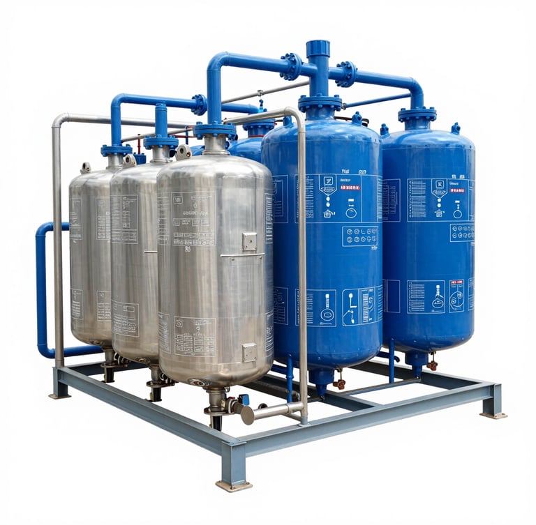 Detailed technical blueprint of an industrial high-production reverse osmosis system, showing pipes, vessels, and control points, crisp lines, blue and white tones, engineering diagram style, landscape aspect.
