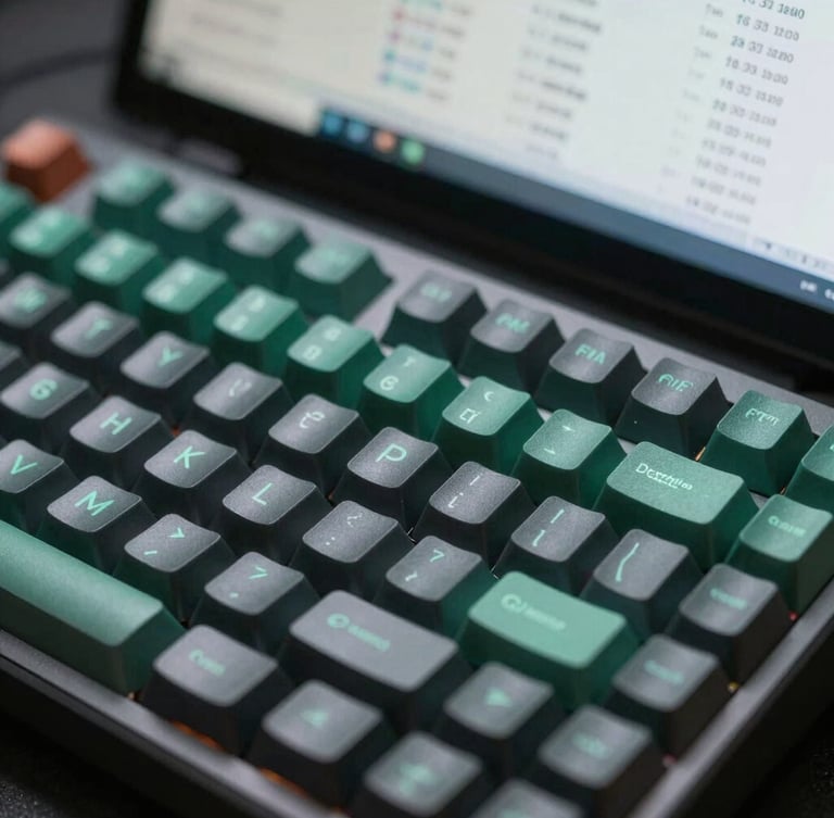 Macro shot of a high-end mechanical keyboard and a screen displaying encrypted bank-to-bank transaction logs, cool slate and emerald tones