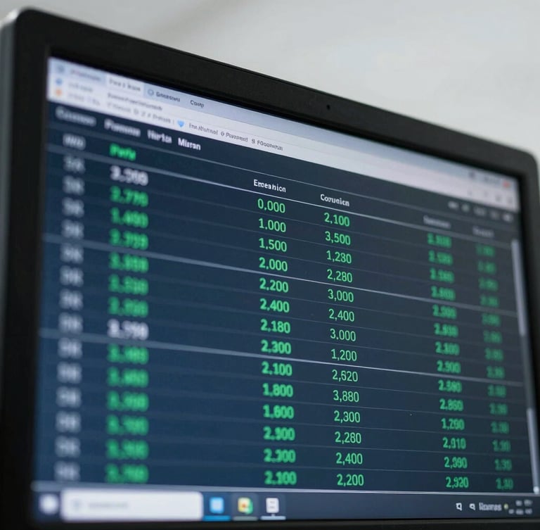 Macro shot of a high-end financial terminal screen displaying transaction ledgers, cool overcast daylight, deep slate tones, professional financial aesthetic