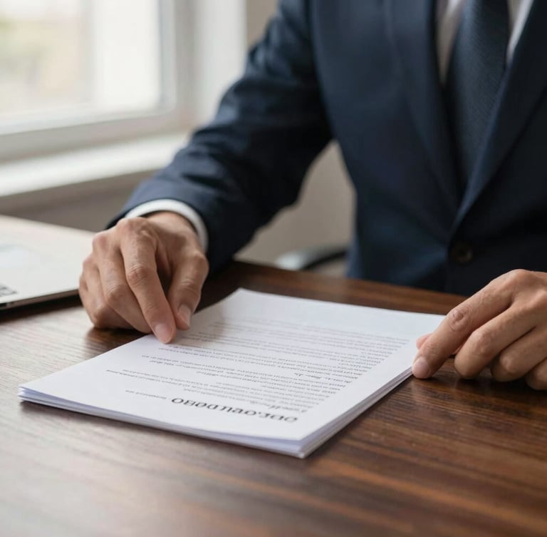 Close-up of hands reviewing legal documents on a dark wooden desk, soft side-lit window light, warm bronze highlights, shallow depth of field, editorial corporate photography