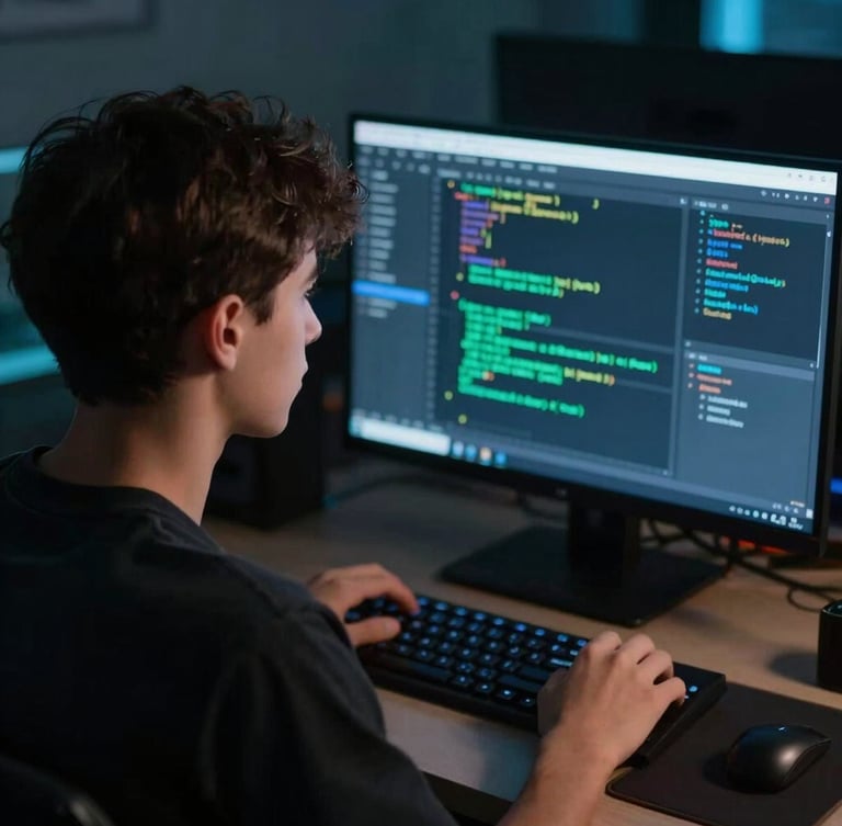 Dynamic over-the-shoulder shot of a teen developer focused on a dark code editor, cool green and blue screen glow, shallow depth of field, 35mm