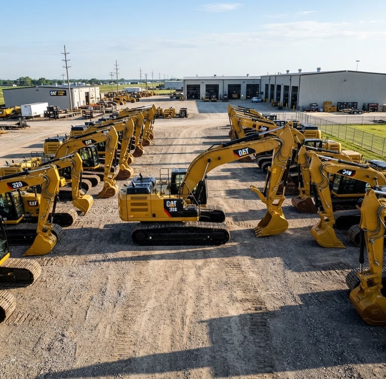 Wide environmental shot of a pristine fleet yard with heavy excavators in high-contrast morning daylight, sharp industrial photography, metallic textures.