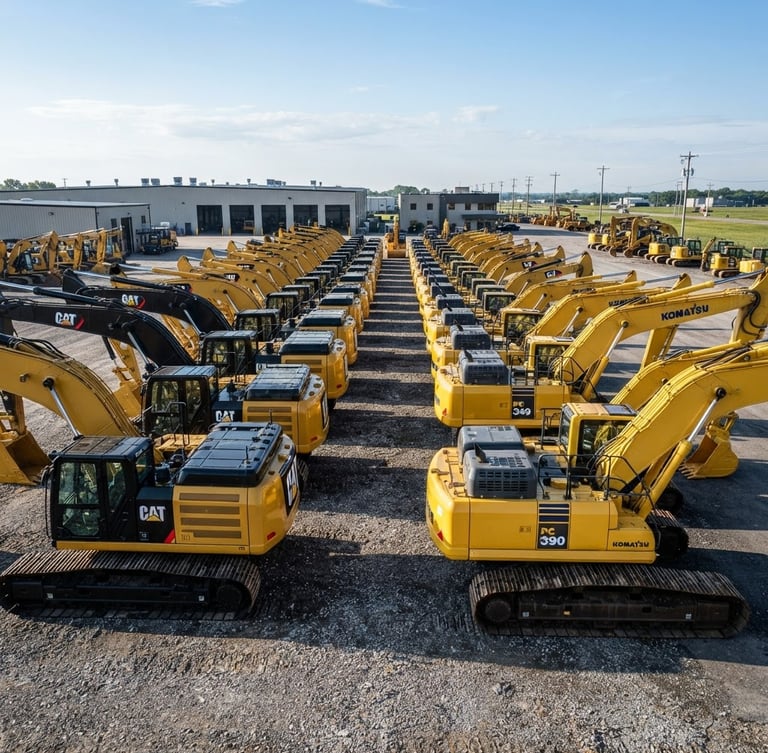 Pristine industrial fleet yard with heavy excavators and crawlers lined up under high-contrast morning daylight, sharp metallic textures, wide-angle lens