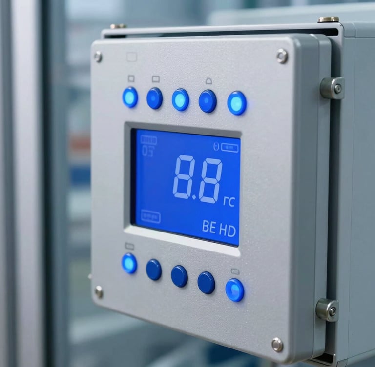 Close-up of a digital controller on a commercial refrigerator, crisp blue indicator lights, metallic silver panel, sharp focus, 35mm industrial photography