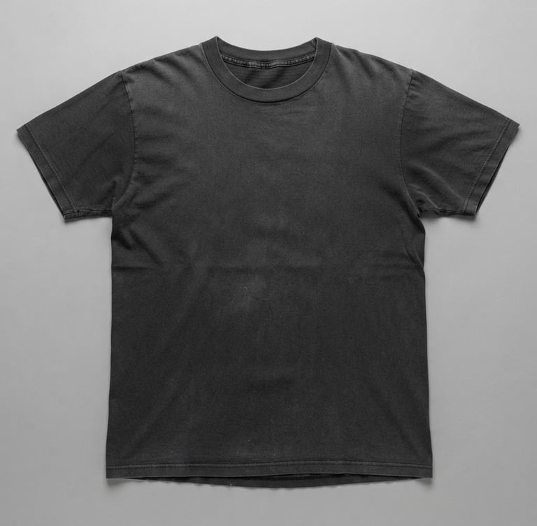 Overhead flat-lay of a perfectly faded 1970s black cotton t-shirt, showing single-stitch hem detail, crisp studio lighting, neutral grey background