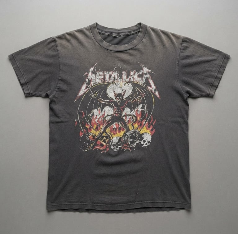 Crisp flat-lay product photography of a naturally faded 1980s black band t-shirt, single-stitch seams visible, flat studio light, neutral grey background, sharp focus