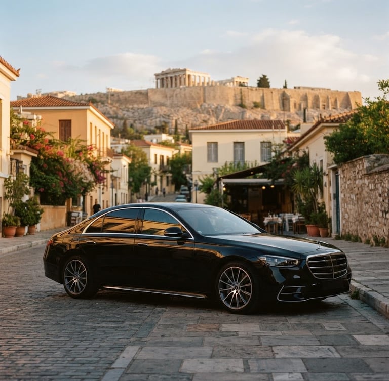 A pristine black Mercedes-Benz S-Class parked on a quiet, sun-drenched Athenian street near the Acropolis at golden hour, low-angle cinematic profile, warm side-lighting.