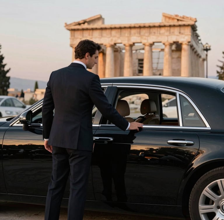 A sharply dressed chauffeur in a dark tailored suit opening the door of a polished black luxury sedan, warm twilight lighting, soft focus on historic Athens stone in the background.