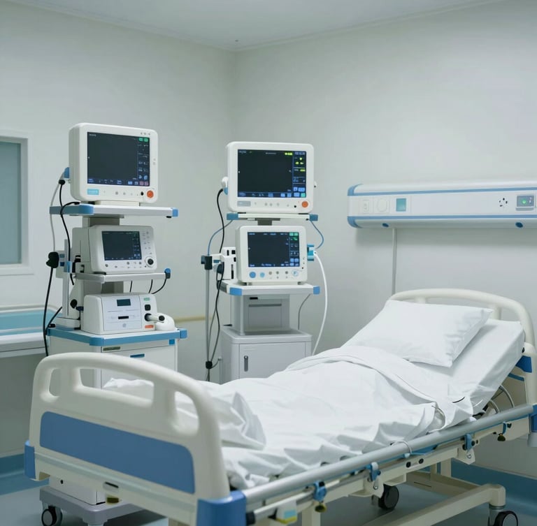 Brightly lit, sterile modern ICU room with advanced life support monitors, clean medical equipment, and a patient bed, neutral-to-cool professional clinical lighting.
