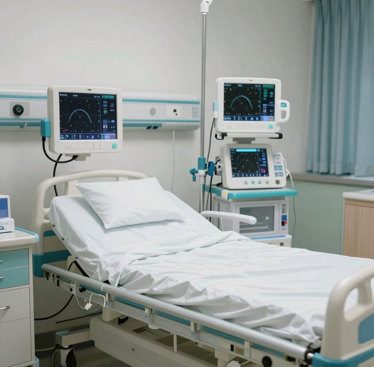 Bright clinical environment showing a modern ICU bed setup with advanced digital monitoring screens, sterile medical equipment, clean teal accents, neutral lighting.
