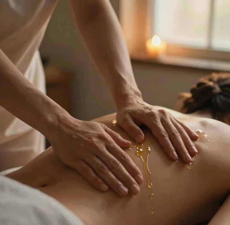 Close-up editorial photography of hands performing a relaxing massage, warm oil trickling, soft golden-hour window light, shallow depth of field.