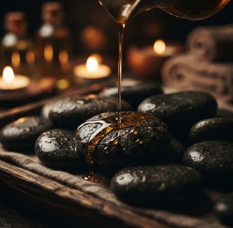 Close-up of warm massage oil trickling onto basalt stones, low-key ambient golden glow, shallow depth of field, 35mm