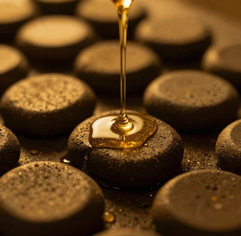 Close-up of warm oil trickling onto resting basalt stones under glowing golden ambient light, shallow depth of field