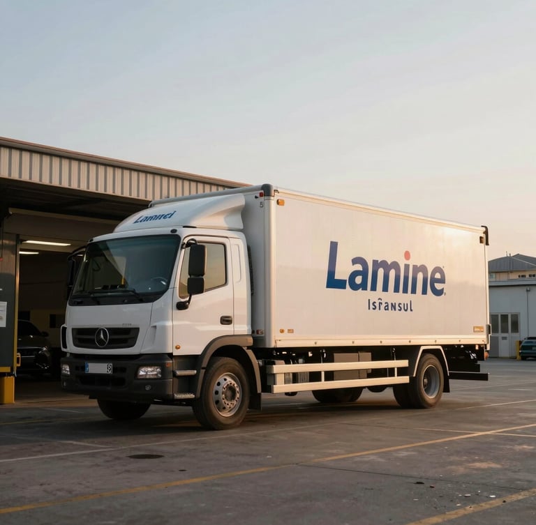 A professional cold-chain delivery truck with Lamine İstanbul branding, parked at a loading dock in Istanbul, early morning light, emphasizing reliability and efficiency, wide shot.