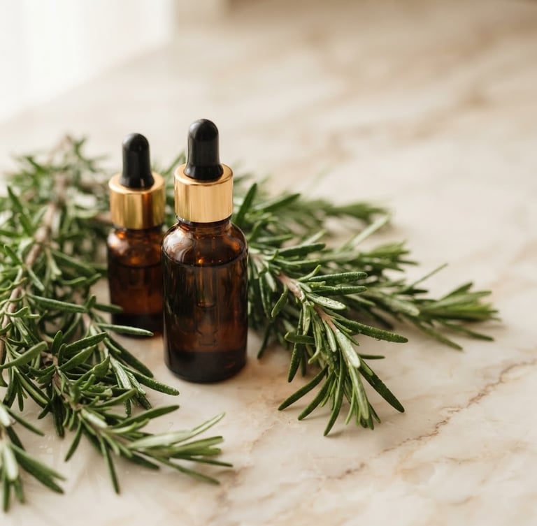 Macro shot of raw rosemary sprigs and amber glass dropper bottles on a warm ivory marble surface, soft diffused window light, elegant editorial composition, shallow depth of field.