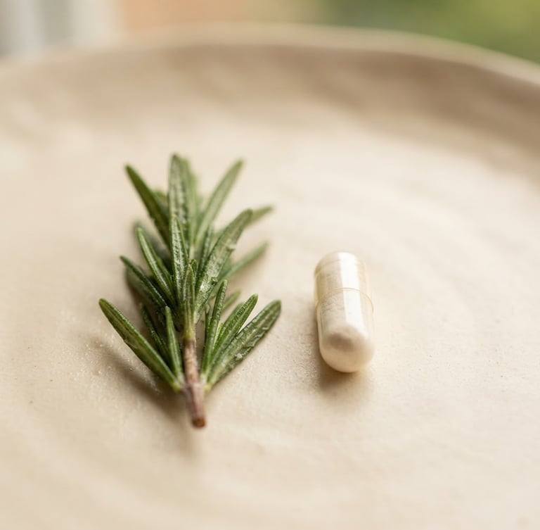 Close-up, vertical composition of two distinct botanical ingredients (e.g., rosemary sprig and a collagen peptide capsule) side-by-side on a warm ivory surface, soft diffused window light, shallow depth of field, plenty of negative space.
