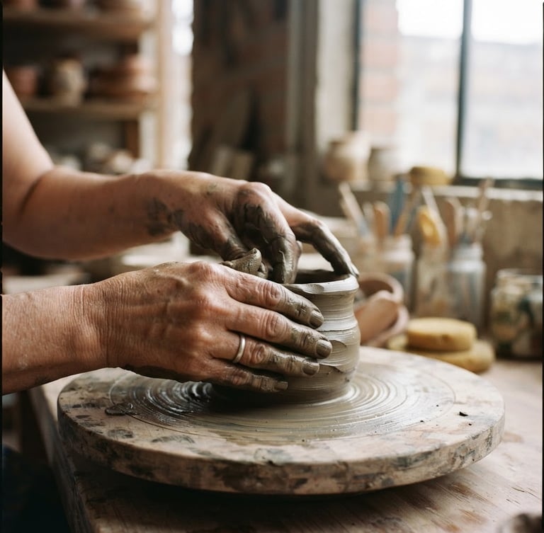 An intimate close-up of hands handling raw clay in a quiet corner of a sunlit Bogotá ceramic atelier, soft diffused daylight, warm editorial photography, 35mm film, shallow depth of field.
