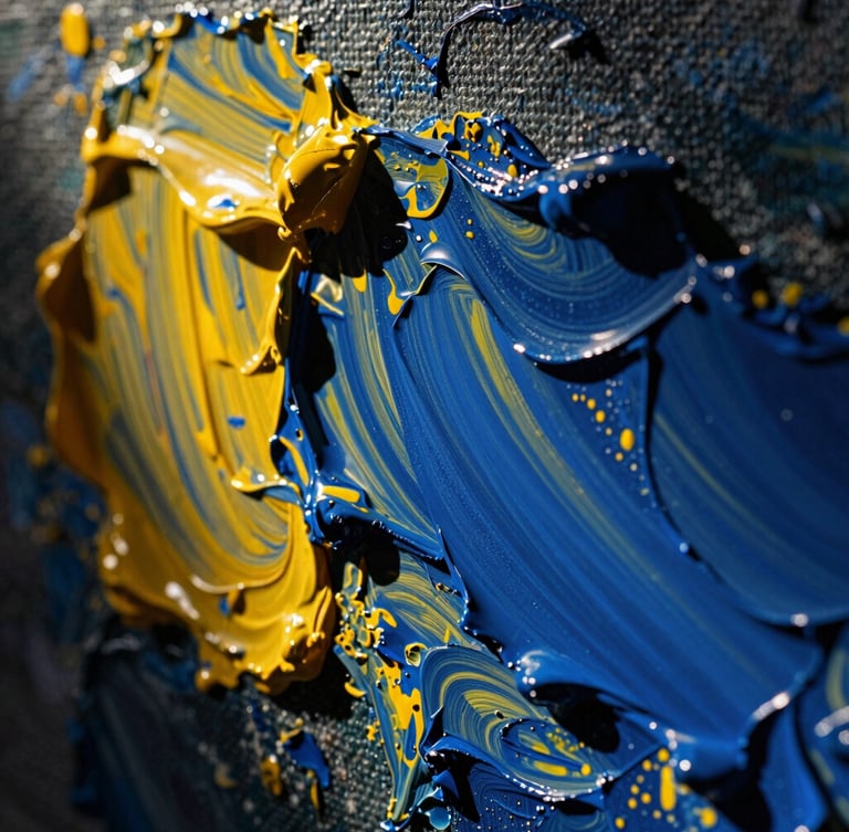Extreme macro close-up of thick, layered oil paint on canvas, showing the heavy ridges of cobalt blue and zinc yellow impasto, dramatic side lighting casting deep shadows in the paint grooves.