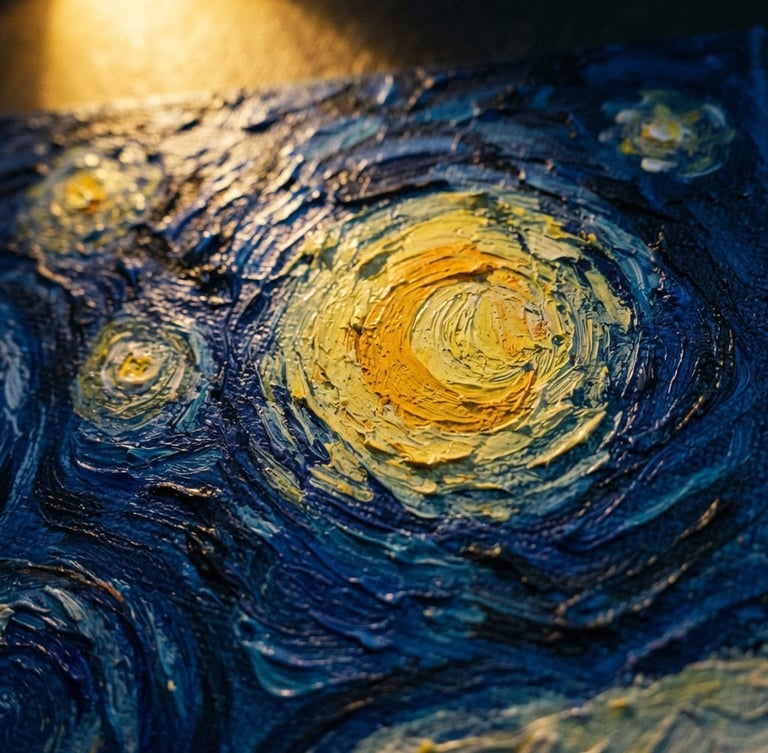 Dramatic chiaroscuro macro crop of Vincent van Gogh's Starry Night, focusing on the thick impasto of the swirling yellow stars and deep cobalt blue sky, rich canvas texture under a warm spotlight.