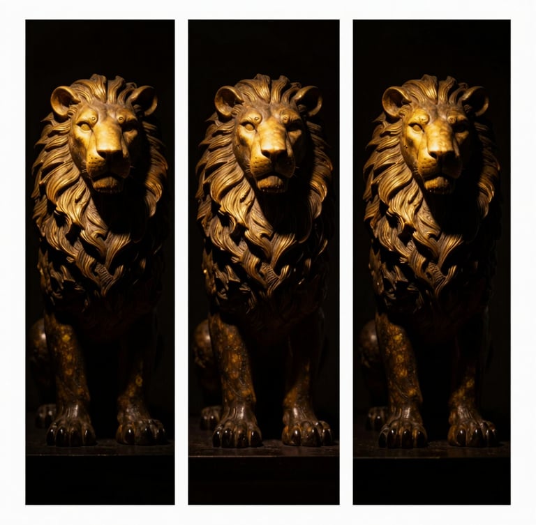 Macro photography of the triptych's right panel, a towering hybrid beast in deep shadows, illuminated by a single warm golden spotlight