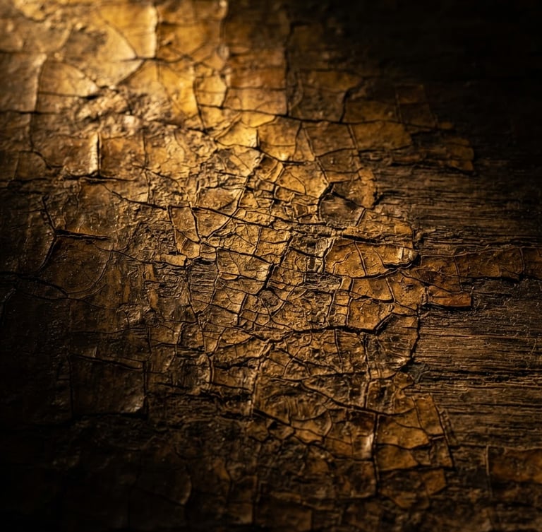 Extreme close-up of aged oil paint crackle on oak panel, warm golden spotlighting, dramatic chiaroscuro, deep shadows