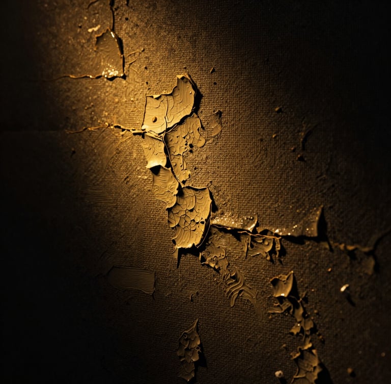 Dramatic chiaroscuro macro photograph of aged oil paint texture on canvas, deep shadows, warm golden spotlighting revealing cracked paint layers, high contrast, 35mm.