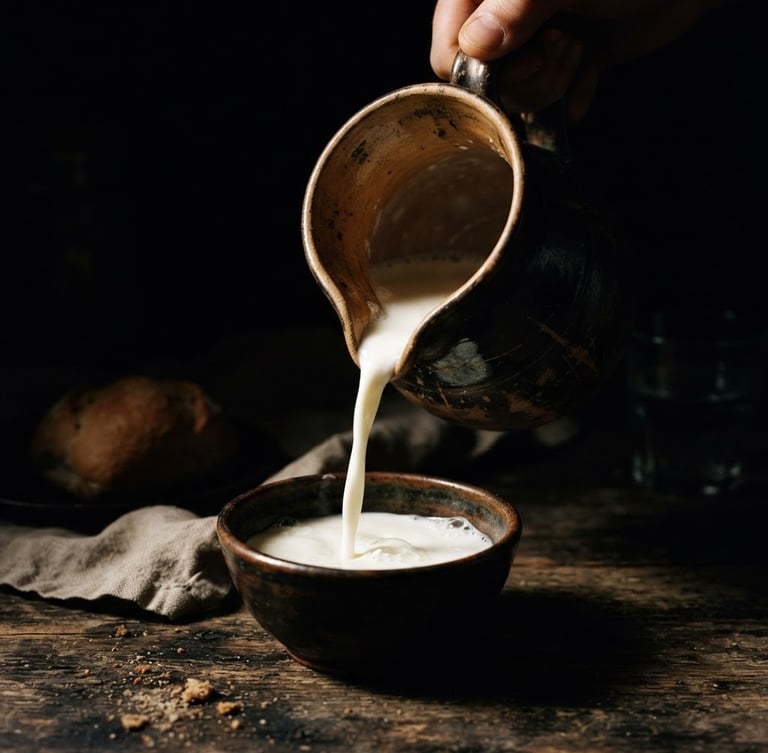 Dramatic chiaroscuro photograph of a Vermeer-inspired interior, a single high-contrast spotlight illuminating a rustic ceramic pitcher pouring milk, deep shadows, rich dark textures, macro lens, 35mm.