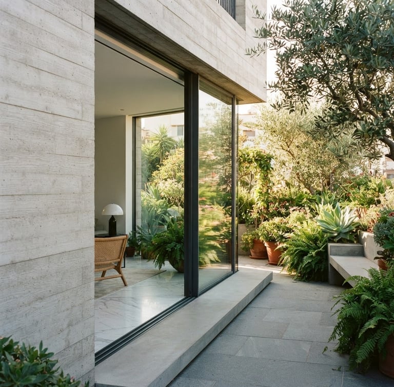 Architectural close-up of a modern luxury concrete facade transitioning to a lush outdoor terrace, warm natural daylight, clean minimalist lines, 35mm lens