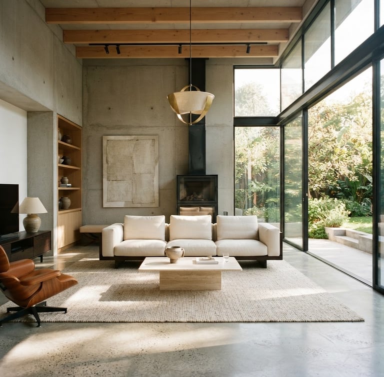 Warm architectural photography of a sun-drenched luxury living room, polished concrete floor, minimalist furniture, high ceiling, 35mm lens