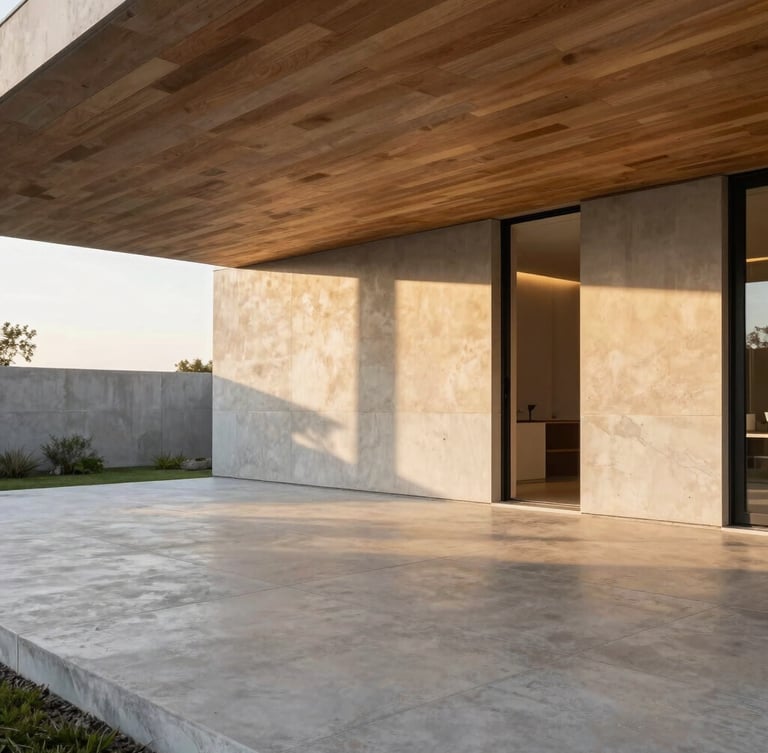 Sleek modern bioclimatic pergola over a luxury concrete terrace, natural wood ceiling accents, warm sunset light filtering through louvers, high-end editorial