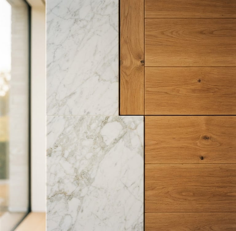 Close-up of premium materials, white marble and natural oak wood grain, natural sunlight, architectural detail, minimalist interior, warm architectural photography