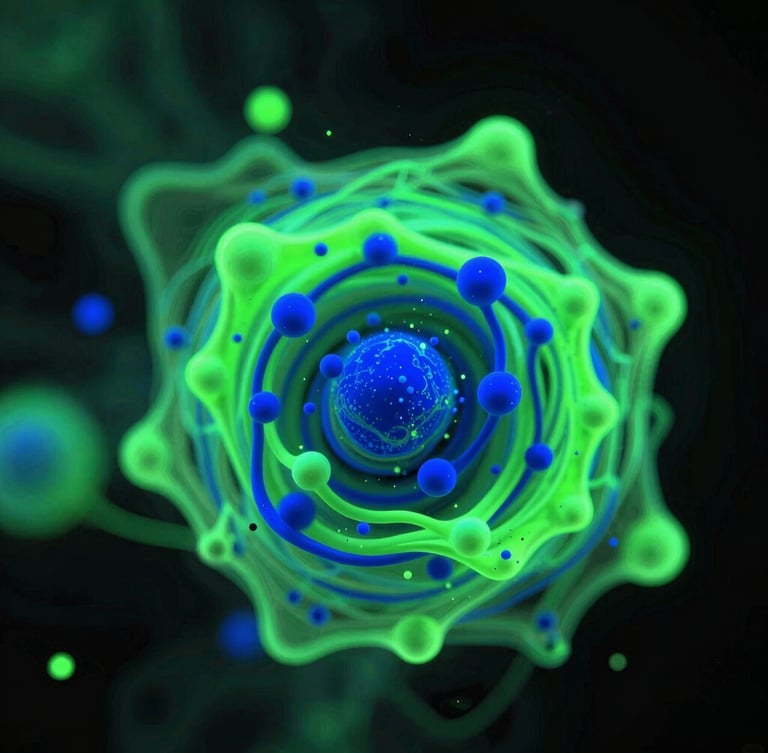 Extreme close-up of a WebGL fluid simulation, glowing neon green and deep blue particles swirling in a black void, high contrast, dramatic screen-glow