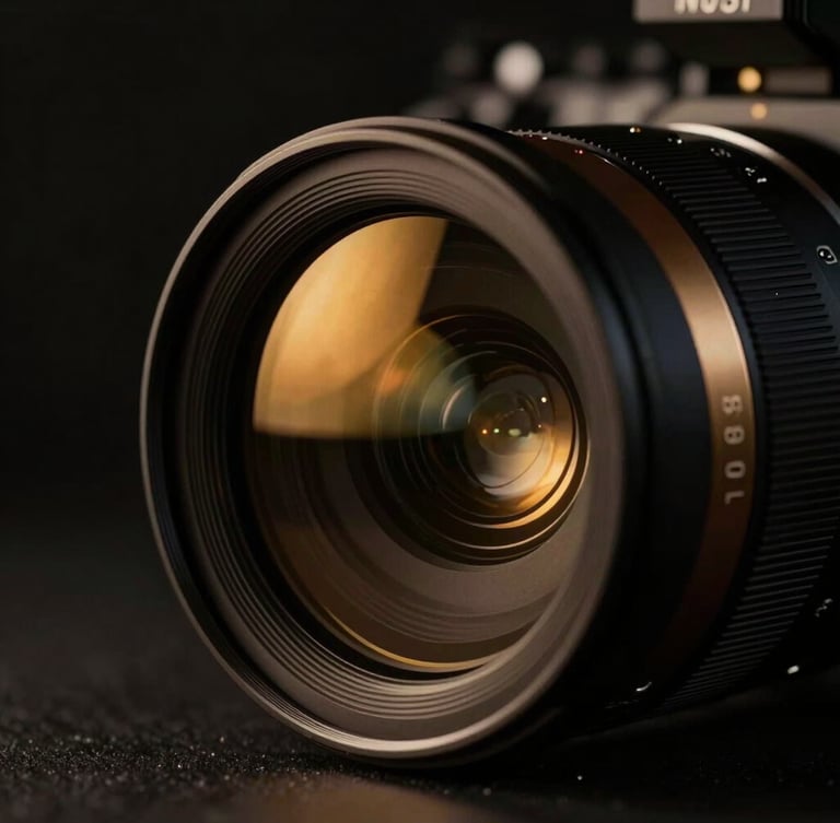 Cinematic close-up of a high-end anamorphic camera lens, dark dramatic chiaroscuro lighting, warm gold reflections on glass, premium studio environment, shallow depth of field.